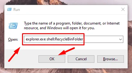 Digite explorer.exe shell:RecycleBinFolder