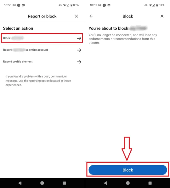 Confirm the Block Profile Action on your LinkedIn Mobile App.