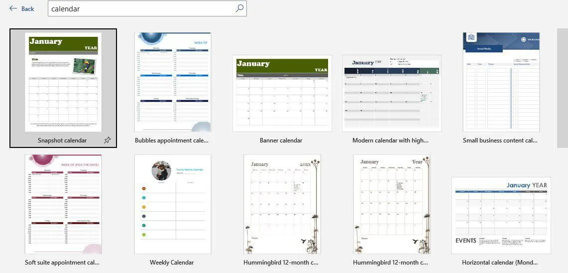 modèle de calendrier sélectionnez Word