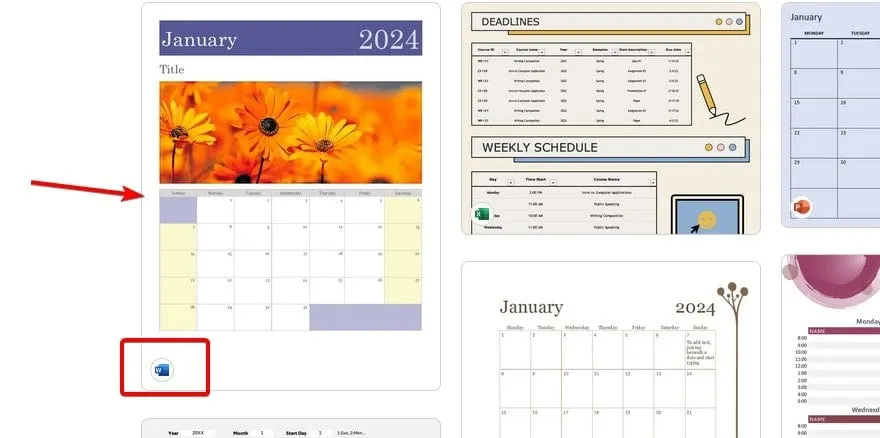 plantilla de calendario para seleccionar word