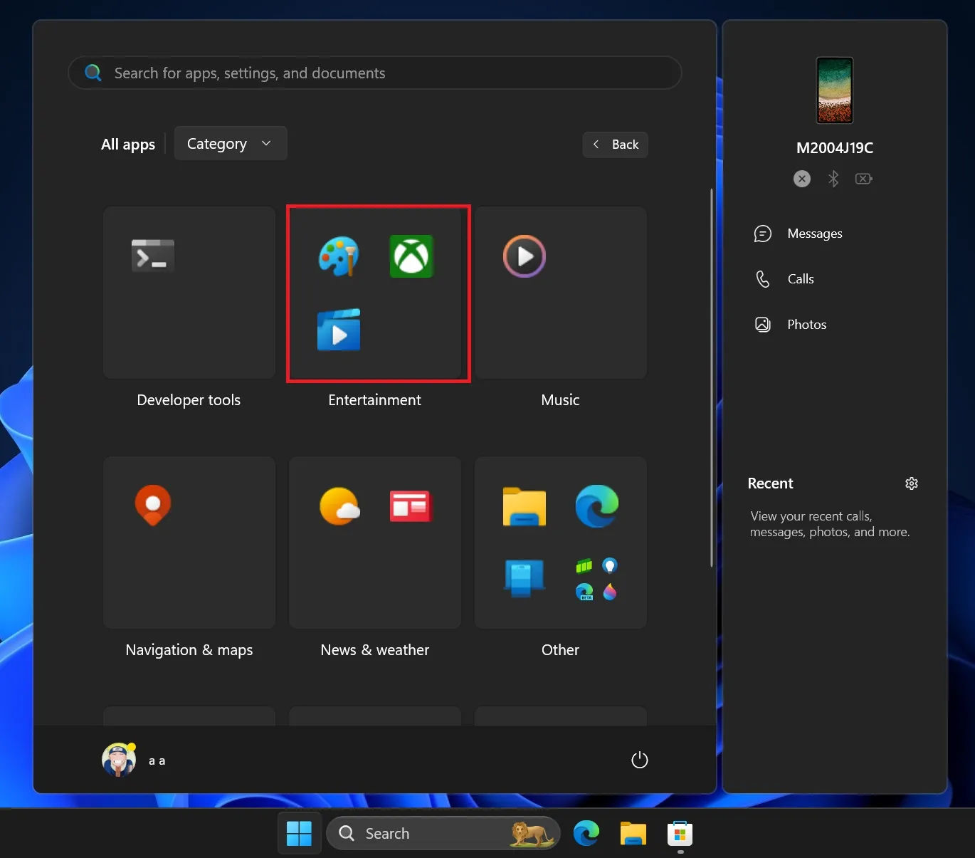 layout de categorias no menu Iniciar do Windows 11