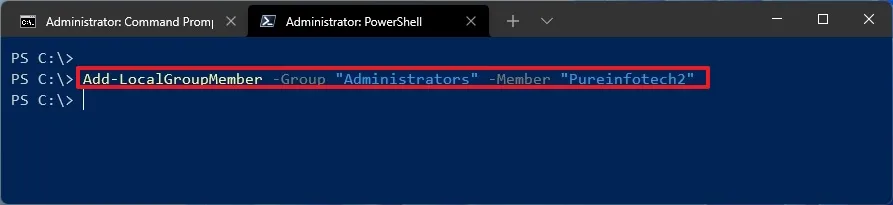 PowerShell アカウントの種類の変更