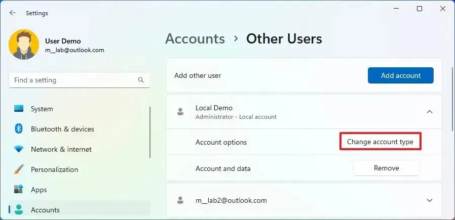 Windows 11 22H2 change account type