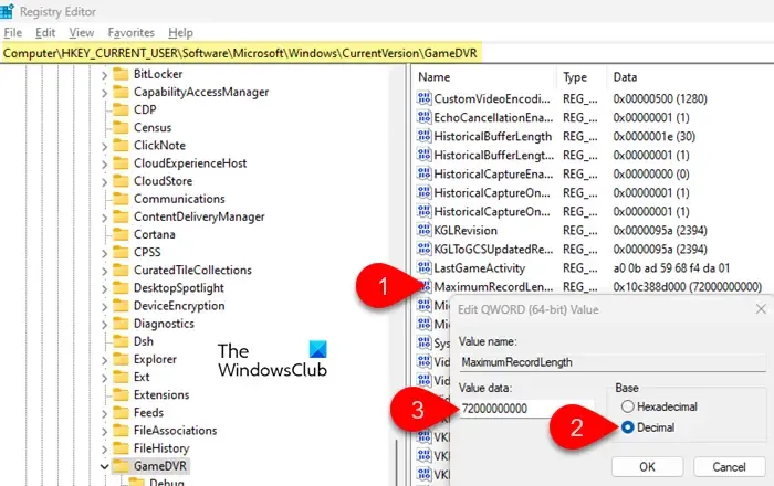 Ändern Sie die maximale Aufnahmelänge für die Game Bar über den Registrierungseditor