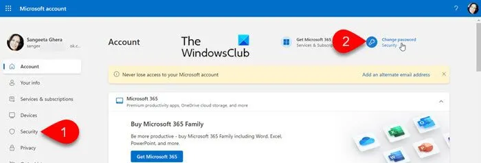 Cambia password Microsoft online