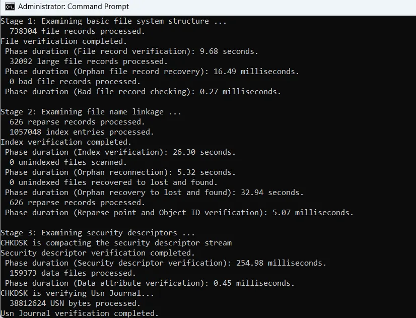 Resultados do comando Chkdsk /f no prompt de comando