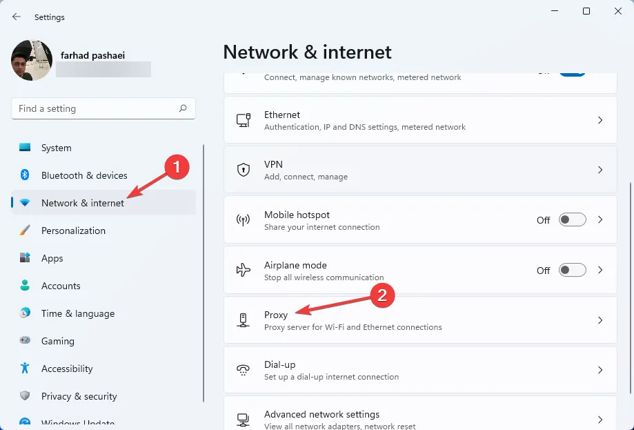 Seleccione Proxy en Configuración