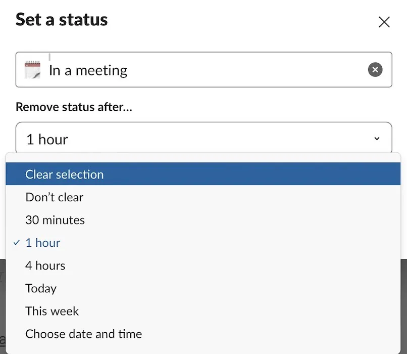 choisissez quand vous souhaitez que votre statut Slack soit effacé