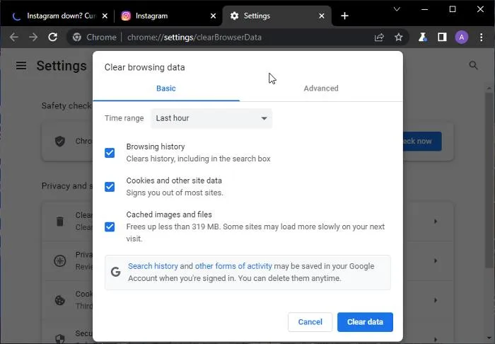 Corrigir o erro que não consigo fazer login no Instagram limpando os caches e cookies do Chrome