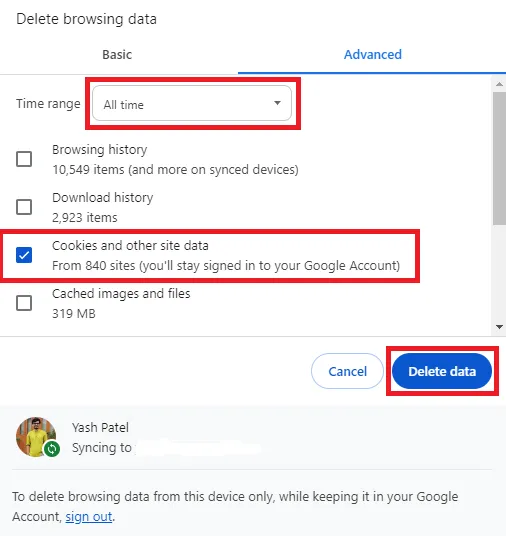 Borre las cookies en Google Chrome para desactivar la advertencia de descarga insegura bloqueada.