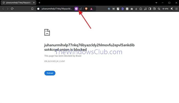 Haga clic en el ícono de Tor del navegador Brave para abrir el enlace Onion