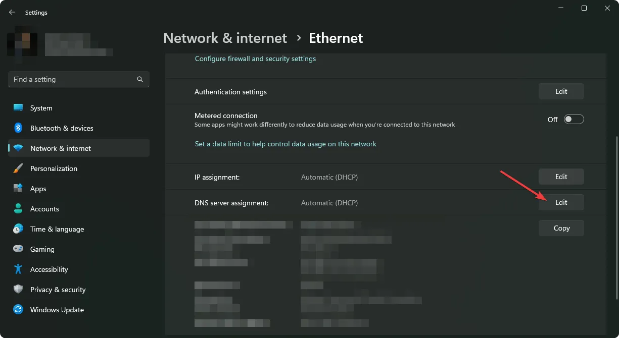 en cliquant sur "Modifier" à côté de l'attribution du serveur DNS