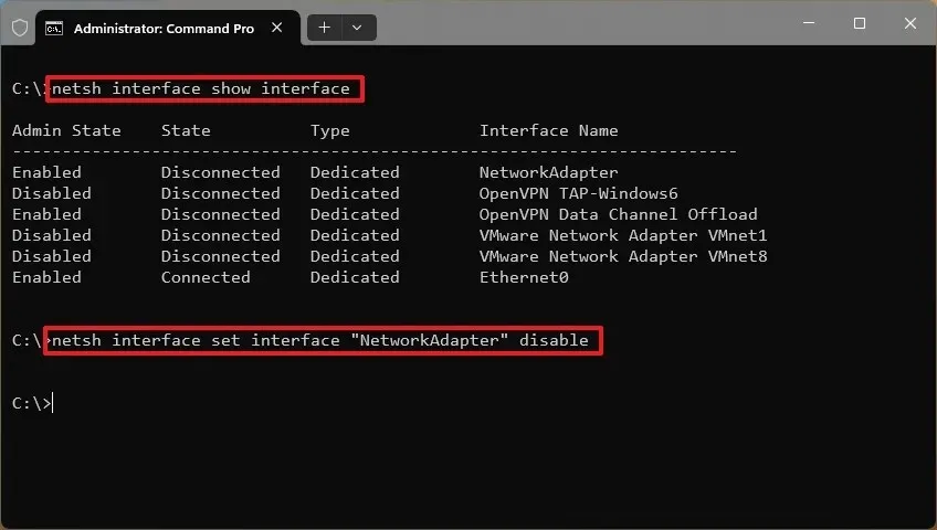 コマンドプロンプトでネットワークアダプタを無効にする