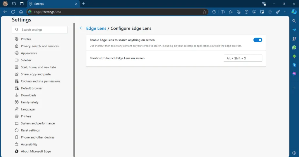 Configure Edge Lens feature and shortcut