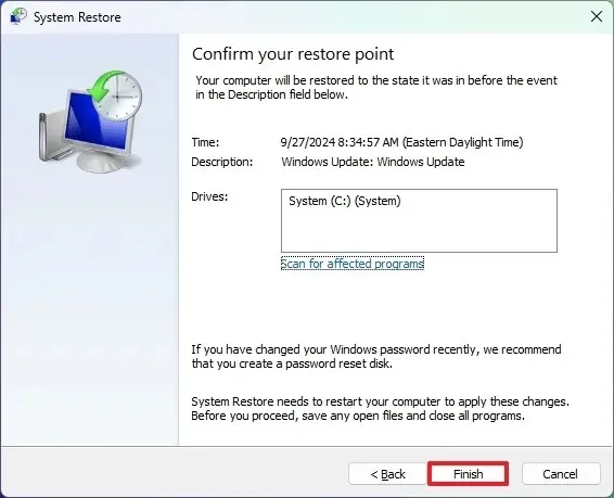 Confirm system restore on Windows 11