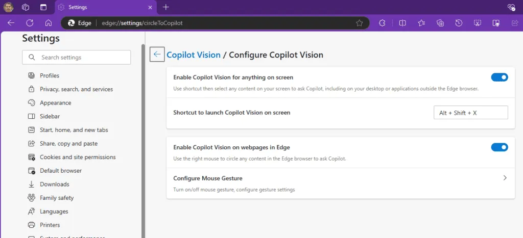 Configurações de visão do copiloto