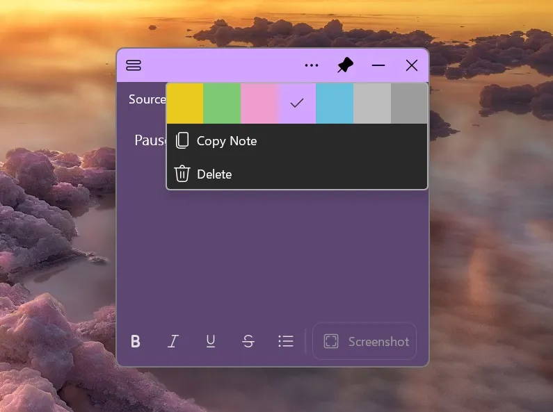 opcja kopiowania notatek w aplikacji Sticky Notes Windows 11