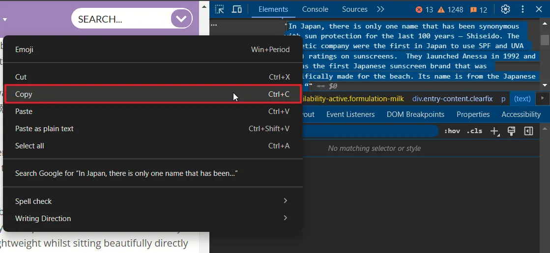 Kopiowanie tekstu z opcji Inspect Element w przeglądarce Chrome.