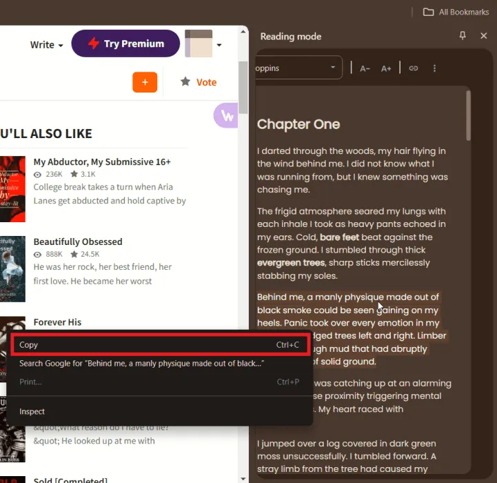 Korzystanie z opcji Kopiuj w trybie czytania przeglądarki Chrome.