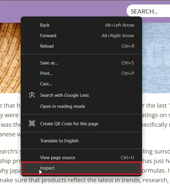 Sélection de l'option Inspecter dans le menu contextuel du navigateur Chrome.