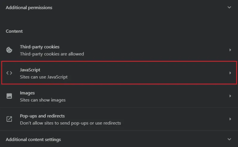 Sélectionnez l’option Javascript dans les paramètres de Chrome.