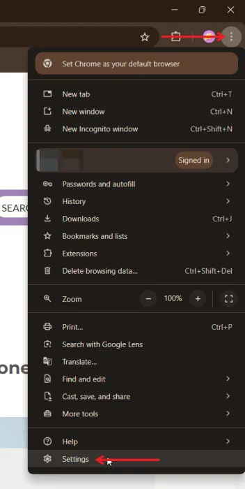 Opening up Settings in Chrome browser on PC.