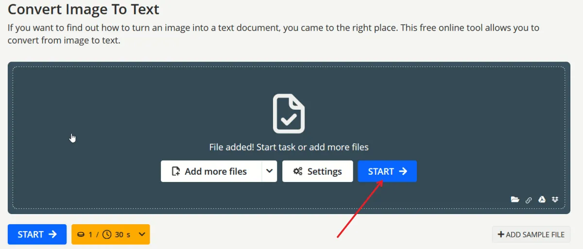 Pressing Start button to begin conversion process in OCR2EDIT.