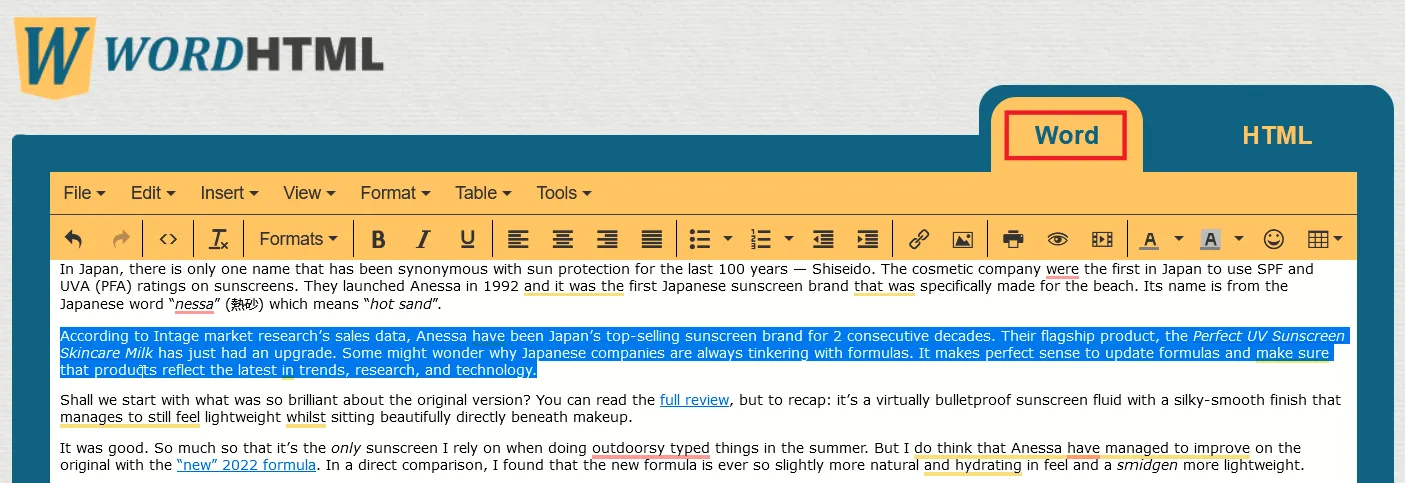 Copie de texte de Word vers l'outil HTML dans le navigateur Chrome.