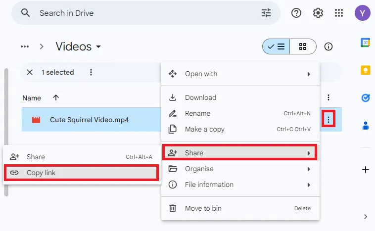 Etapa para copiar o link do vídeo enviado no Google Drive.