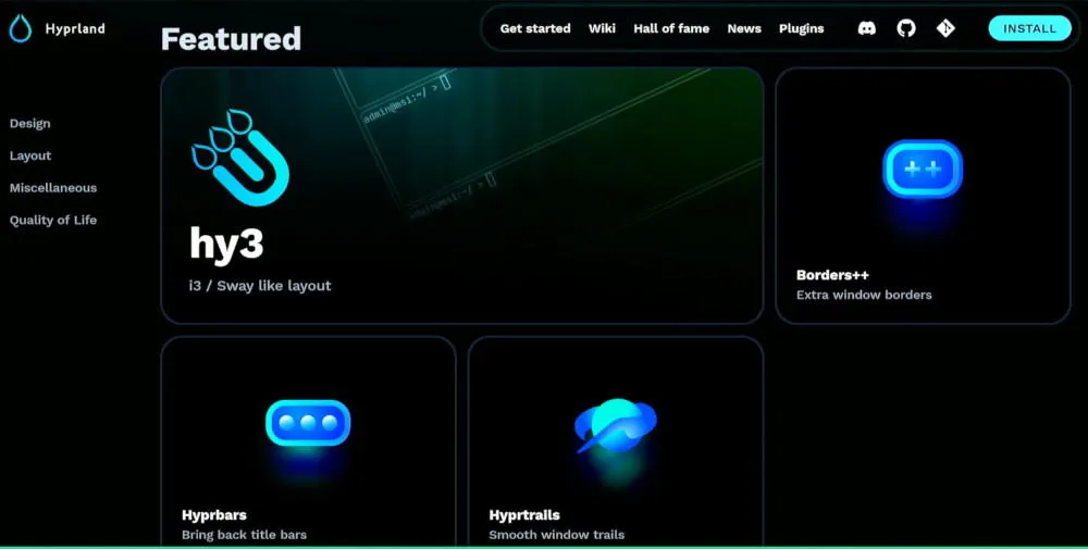 Zrzut ekranu przedstawiający stronę wtyczek Hyprland.