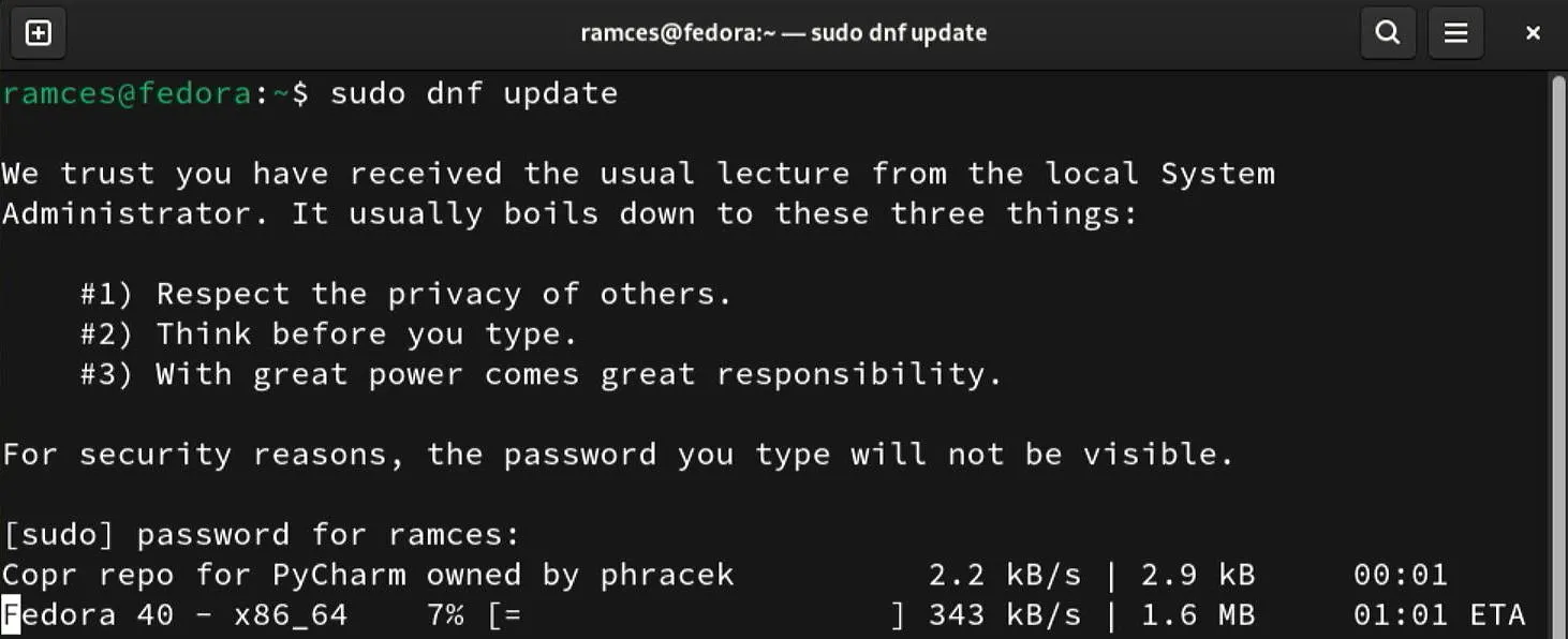 Una terminal que muestra el proceso de actualización para dnf.