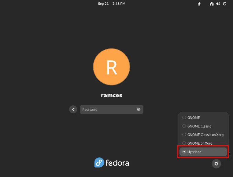 Een screenshot waarop de Hyprland-vermelding in het GDM-inlogscherm is gemarkeerd.