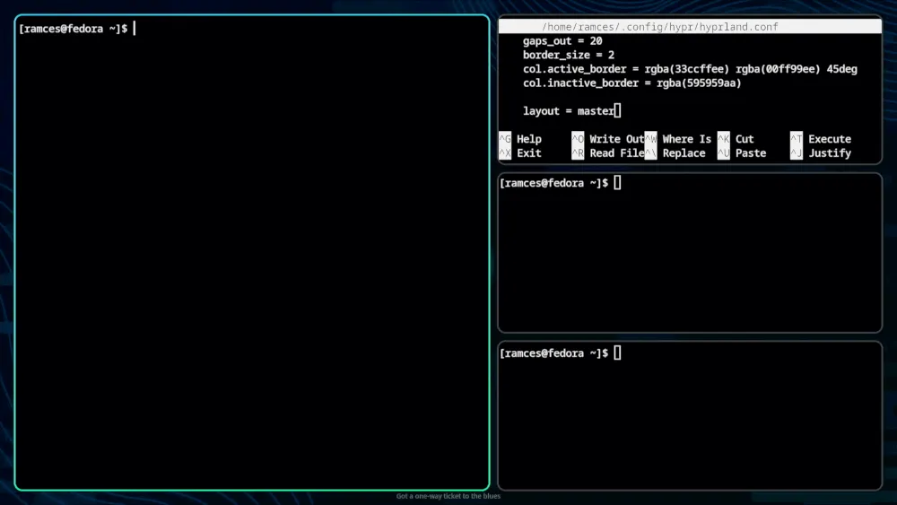 Hyprland の dwm のようなレイアウトを示すスクリーンショット。