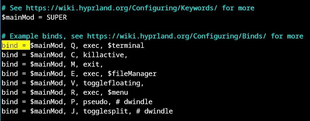 Un terminale che mostra la posizione delle combinazioni di tasti nella configurazione di Hyprland.