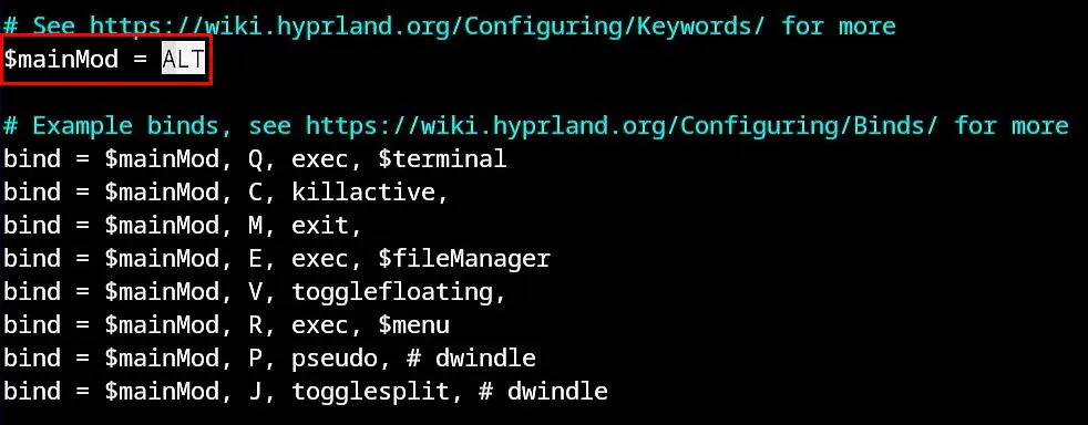 Uma captura de tela destacando a tecla modificadora modificada para Hyprland.