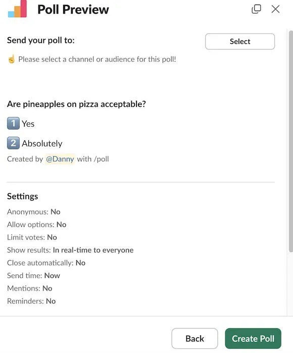 Overview a new poll in Slack before creating it