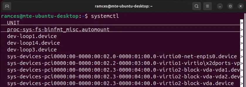 Un terminale che mostra l'output del comando systemctl su una distribuzione Linux basata su Systemd.