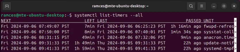 Un terminale che elenca tutti i timer Systemd in esecuzione nella sessione corrente.