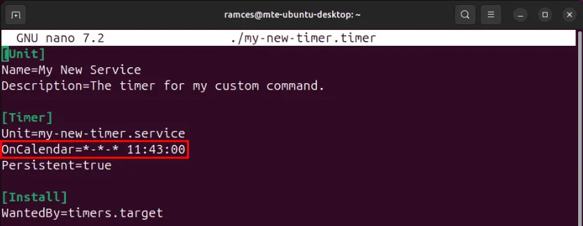 Um terminal destacando o valor do timer personalizado para a variável OnCalendar.