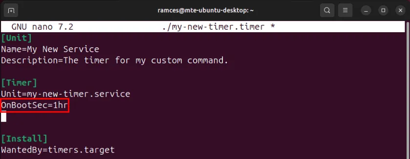 Um terminal destacando a variável OnBootSec substituindo as variáveis ​​de temporização originais do arquivo de timer personalizado.