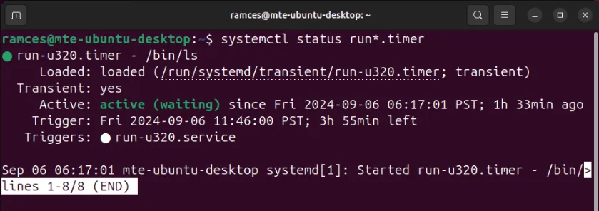 Um terminal que mostra o status de um temporizador transitório carregado no sistema.