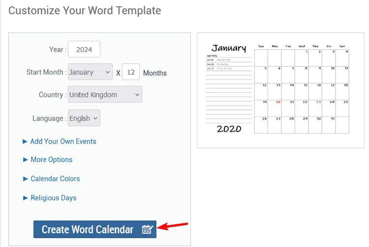 create word calendar