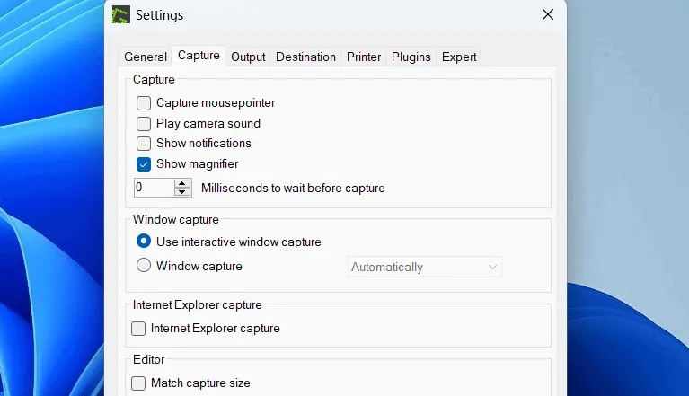 Greenshot preferences window showcasing capture settings