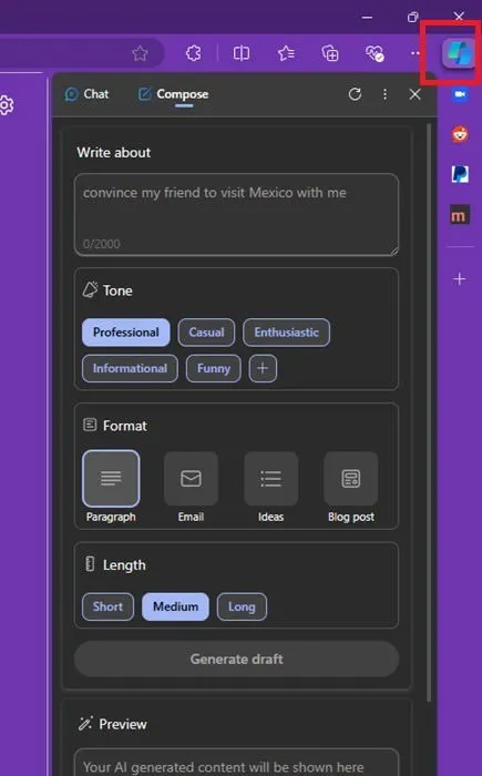 Compondo novo texto com o Copilot no Edge.
