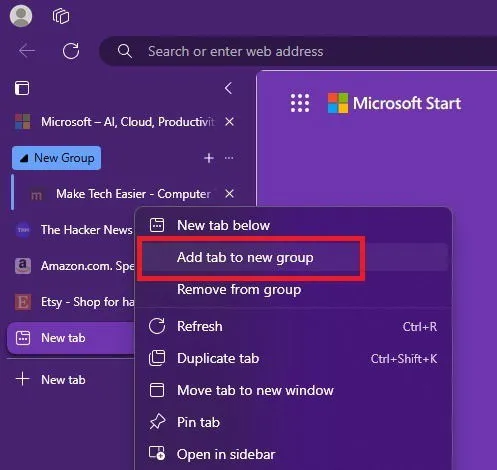 Manuelles Erstellen einer neuen Tab-Gruppe in Edge.