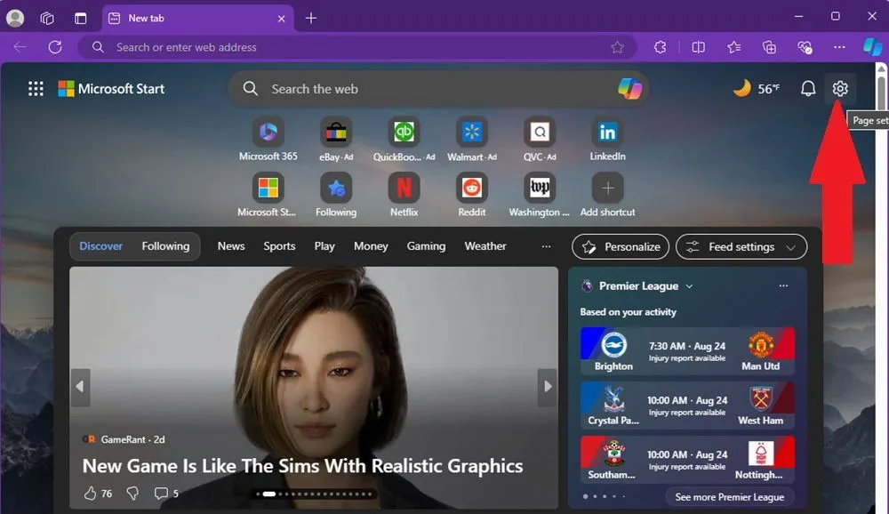 설정을 변경하기 전의 Microsoft Edge 시작 페이지입니다.