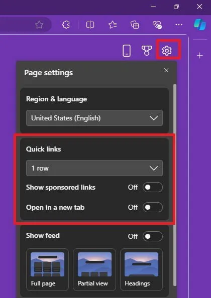 Activar enlaces rápidos en Microsoft Edge.