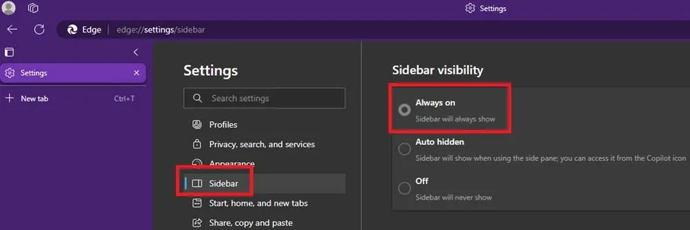Microsoft Edge サイドバーをオンにします。