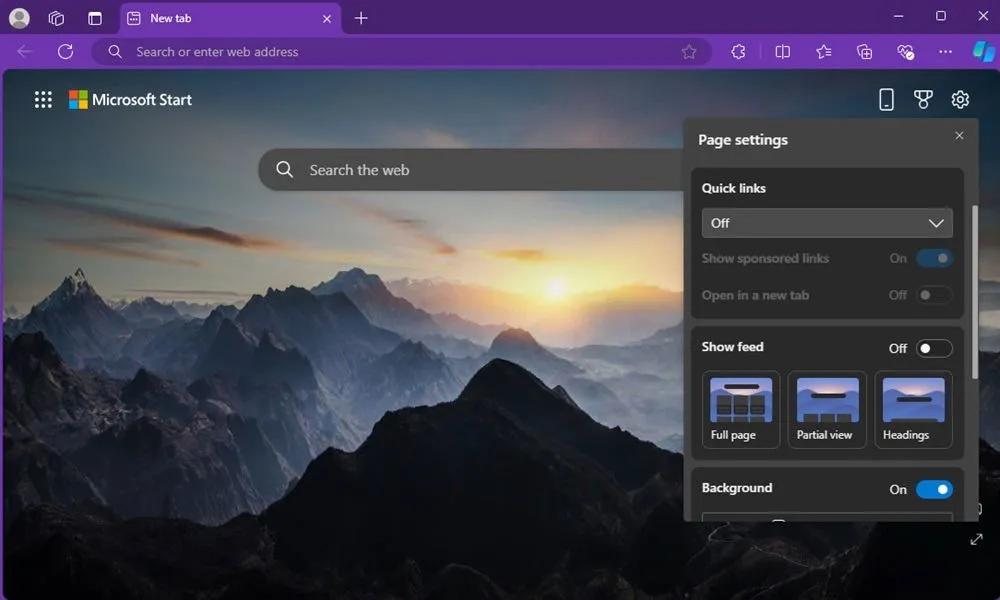 Cambiar la configuración de la página de inicio en Microsoft Edge.