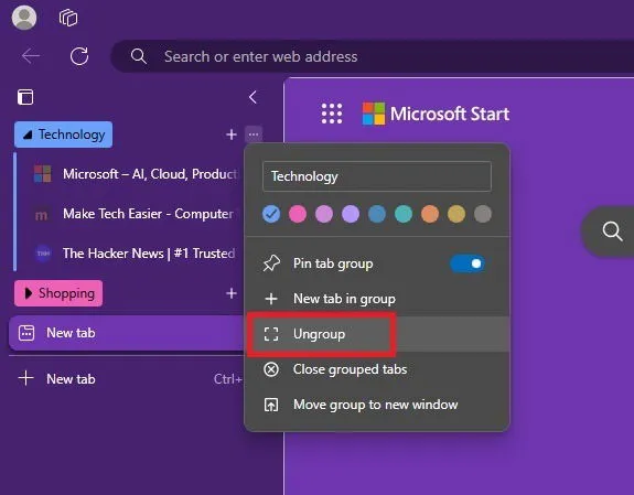 Aufheben der Gruppierung von Tabs in Edge.